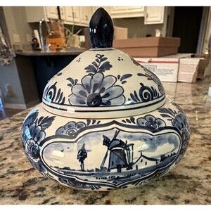 Delft Delft Blue Handpainted Lidded Jar Windmill Floral Made in Holland 1618